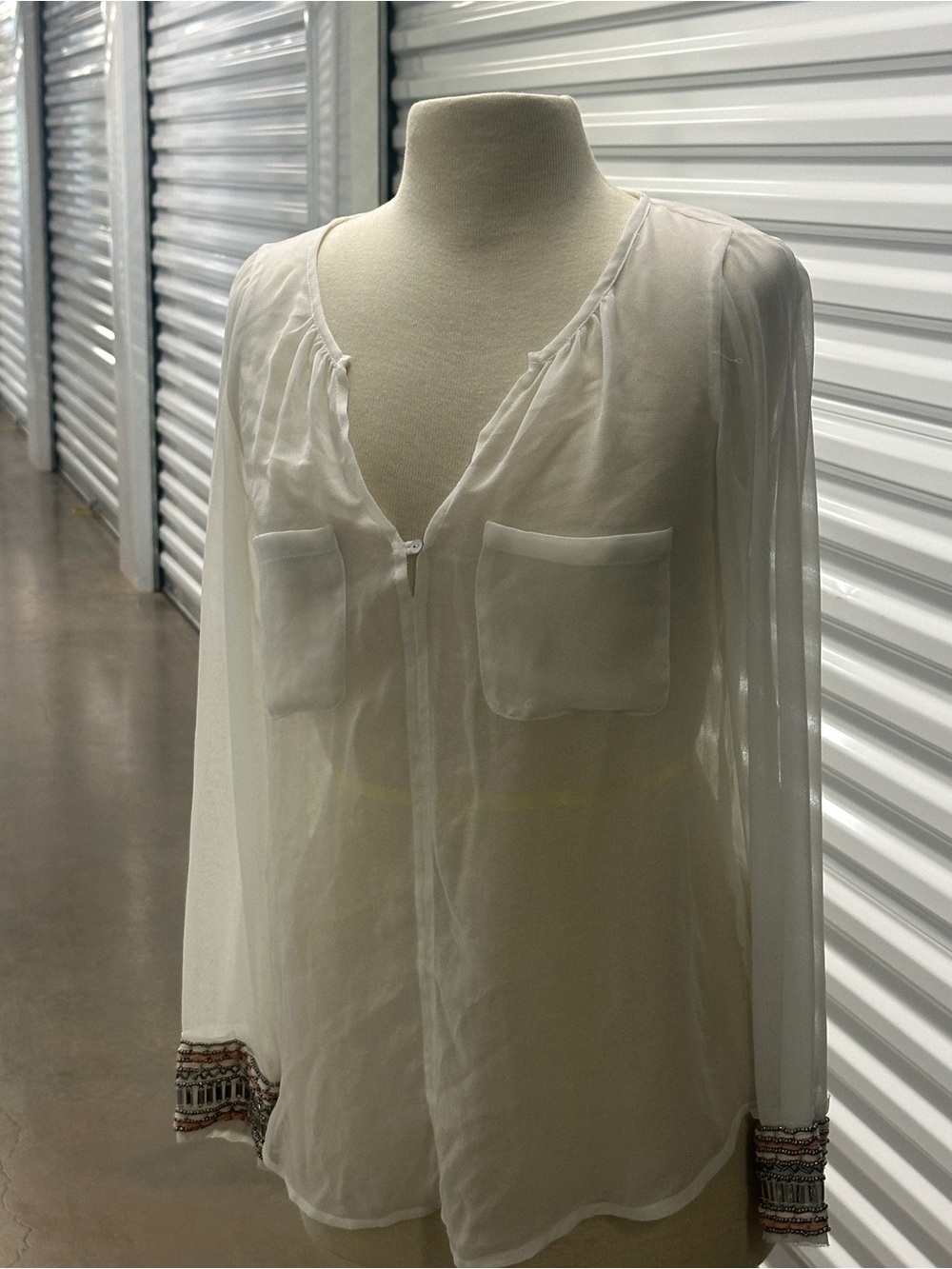 Sheer White Long-Sleeve Pocket Blouse